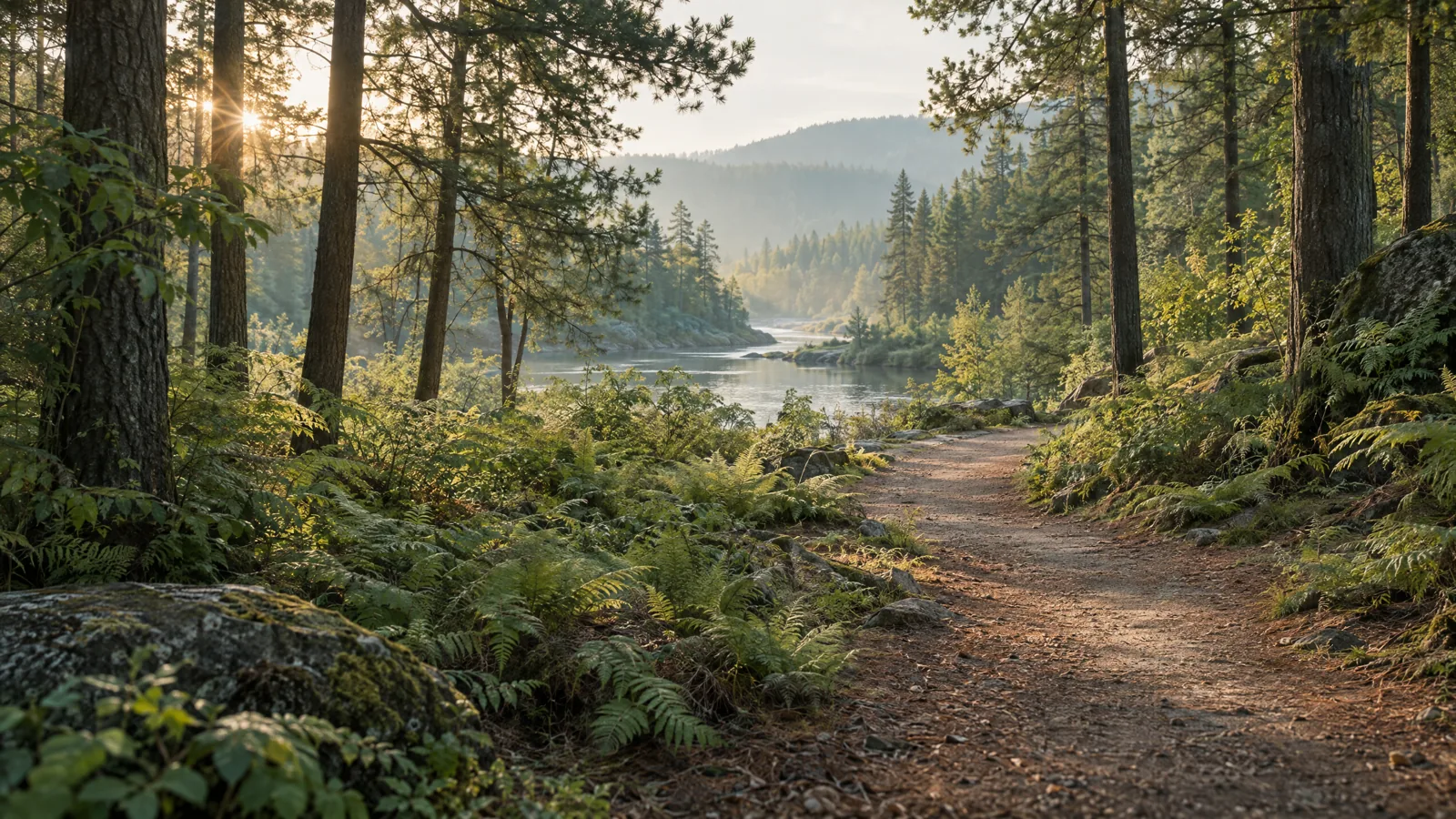Original illustrative sunlit forest path, not a treatment facility